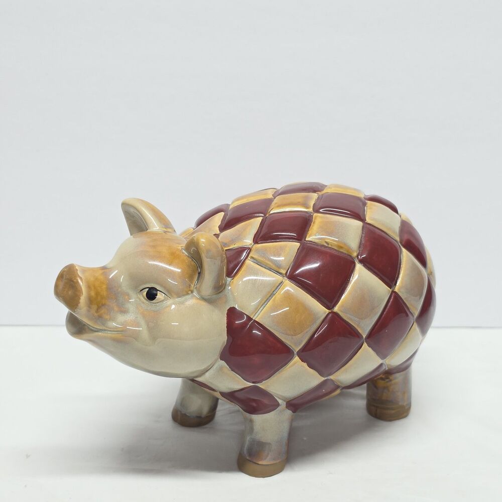 Checkered Harlequin Pig Ceramic Pottery Figurine Burgundy Cream Farmhouse Decor
